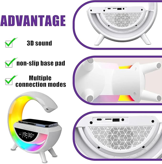 Bluetooth zvučnik + RGB lampa + Alarm sat + Radio + Bežični punjač – 5 u 1 multifunkcionalni uređaj