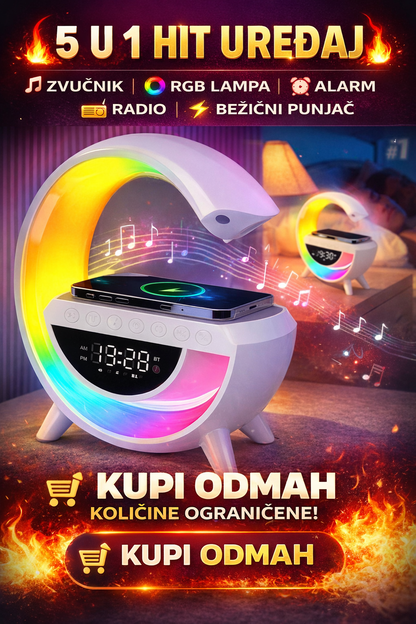 Bluetooth zvučnik + RGB lampa + Alarm sat + Radio + Bežični punjač – 5 u 1 multifunkcionalni uređaj
